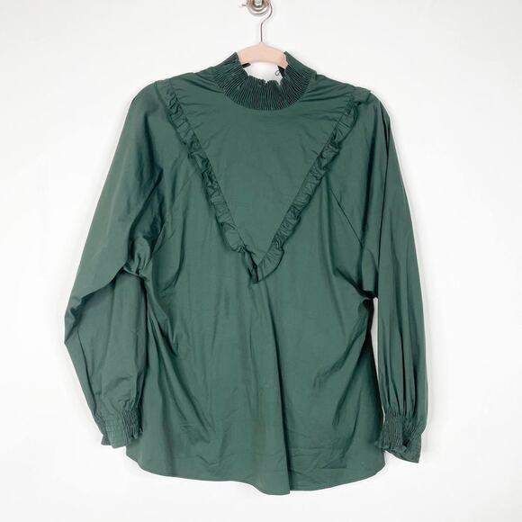 2/$30 Zara Poplin Shirt XS Ruffle Frills Bottle Balloon Sleeve Puff Green #1663 - Picture 3 of 15